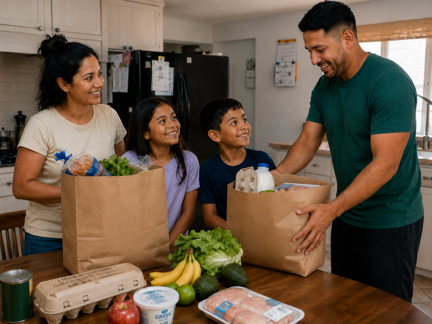 Family unpacking groceries together in a home kitchen.