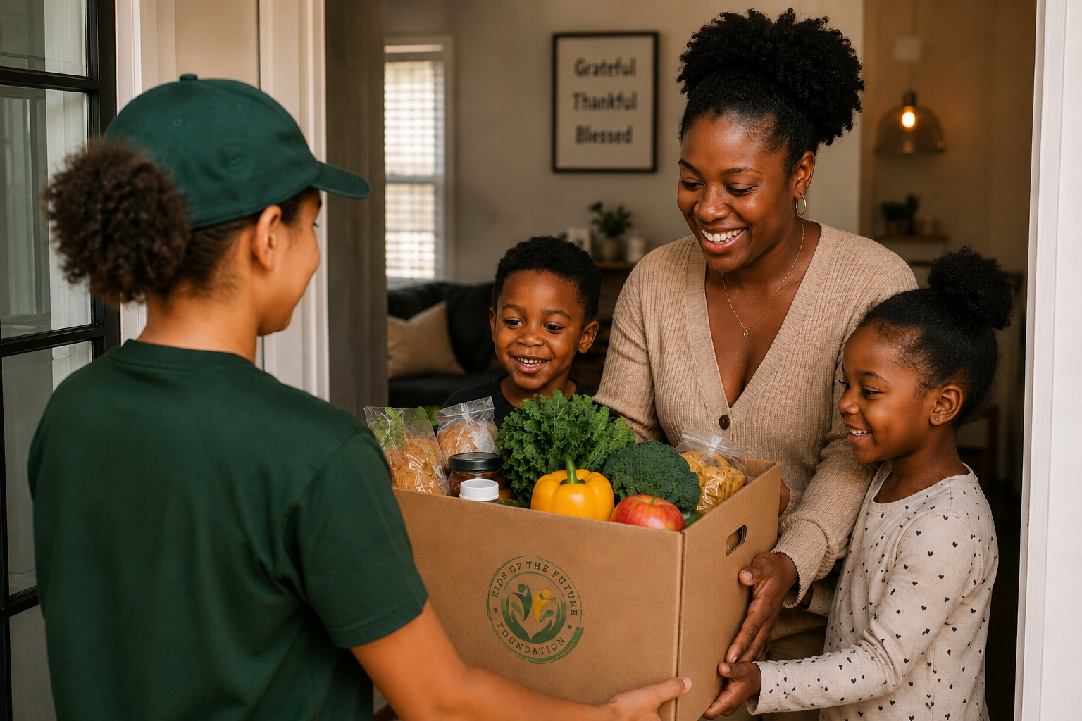A volunteer hands a box of fresh produce to a smiling family at their door